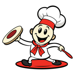 A cheerful cartoon chef flipping a pancake, white isolated on white background