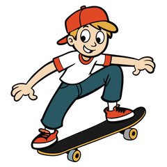 A boy performing a flip trick on a skateboard, casual isolated on white background