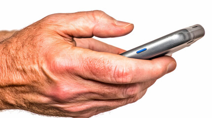 White smartphone screen mockup of a hand holding a device with fingers tapping and pointing against a white background