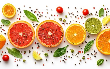 Flat lay of citrus fruits, herbs, and spices on white background.