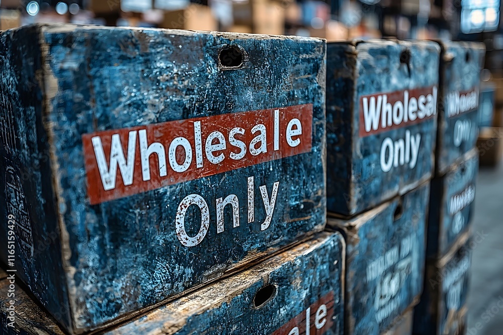 Poster stacked boxes labeled wholesale only concept of bulk purchasing restrictions in business and commerc