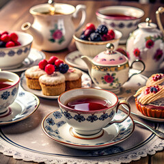 Fototapeta premium A Classic Afternoon Tea with Cakes and Berries.