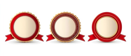 Three red and gold colored badges with a red ribbon