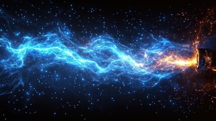 Fototapeta premium Blue energy flows into orange light, star dust effect.