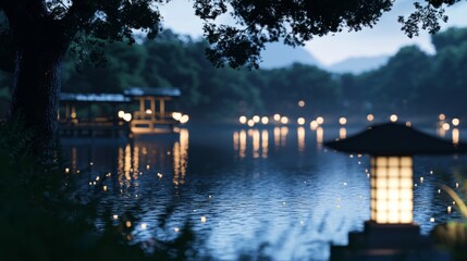 Fototapeta premium Serene Night Lake Floating Lanterns Japanese Garden Calm Water