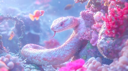 Fototapeta premium Enchanting Chinese Zodiac: Year of the Snake in Coral Reef Paradise | Vivid Underwater Nature Wallpaper with Colorful Marine Life | 3D Render Digital Art