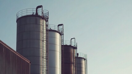 Industrial Steel Pipes in Chemical Production Facility Against Sky