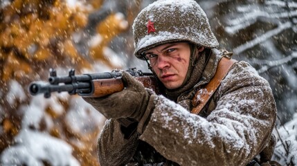 A soldier in winter camouflage expertly aims his rifle during a snowstorm. His focus is intense. The atmosphere is cold and focused. Generative AI
