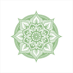 Obraz premium Top view of a ceramic plate showcasing a detailed floral mandala design in vibrant orange and teal colors, isolated on white background.