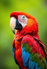 Obraz premium Red macaw bird with green background..