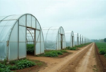 Fototapeta premium Row of plastic greenhouses along dirt road, crops visible inside