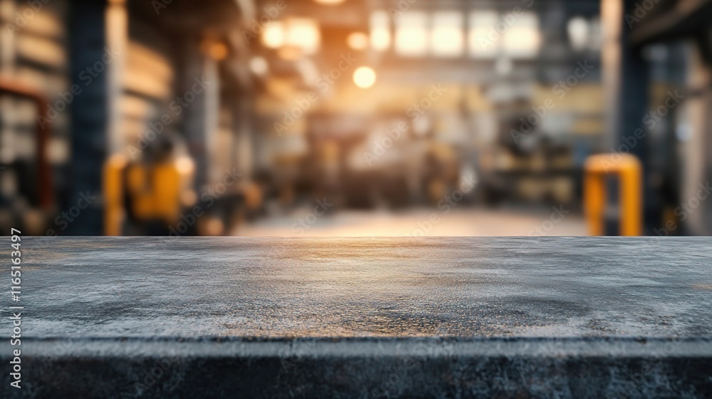 Aufkleber soft light on empty stone table in industrial factory setting