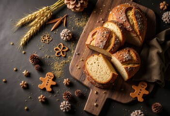 Sliced bread on wooden board with gingerbread cookies and wheat.