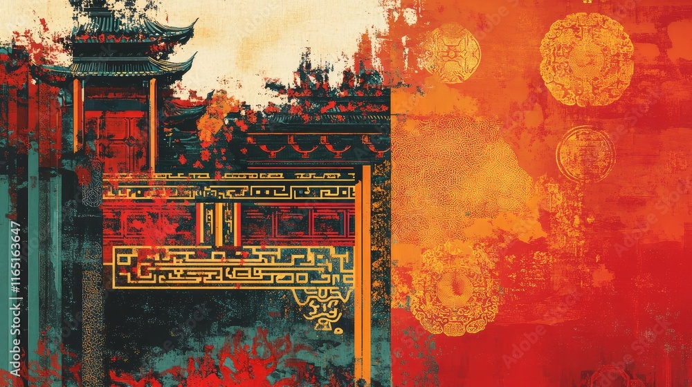 Poster elegant layered abstract chinese festive design, blending rich colors and intricate patterns for a s