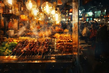 Obraz premium Night market street food stall grilling skewers of meat and vegetables under warm lights.