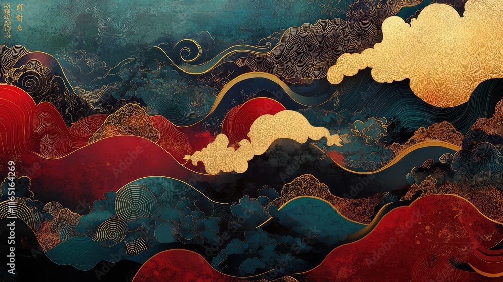 Poster elegant layered abstract chinese festive design, blending rich colors and intricate patterns for a s