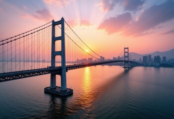 Obraz premium Suspension bridge over water at sunset with city in background
