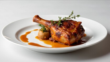 Roasted chicken leg with sauce gourmet restaurant food elegant setting close-up culinary delight