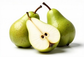Three green pears one sliced open on a white background