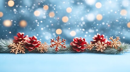 Festive winter scene with pine cones and snowflakes