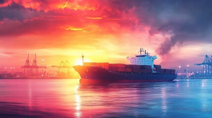 Obraz premium Vibrant Freight Ship Navigating Busy Port at Sunset Over Sea