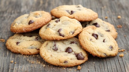 Naklejka premium Freshly baked chocolate chip cookies on a rustic wooden table, with crumbs scattered around, perfect for a cozy snack or dessert.