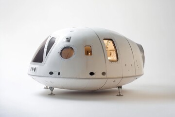 Obraz premium A white spacecraft capsule, seemingly a prototype, rests on legs against a white backdrop.
