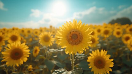 Obraz premium Sunlit sunflower field, bright yellow blossoms under a summer sky.