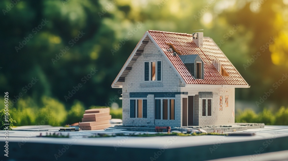 Poster detailed building project model with bricks and landscaping elements