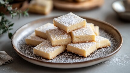 Homemade shortbread cookies with powdered sugar dusting, beautifully arranged on a plate for a simple yet delicious treat.