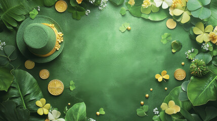 Naklejka premium joyful composition of St. Patrick hat, gold coins, and green leaves, celebrating festive spirit