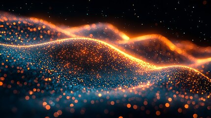 Abstract glowing particle wave, dark background, orange and blue light.