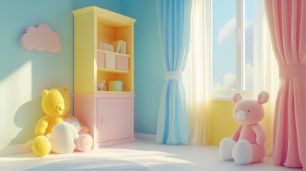 Pastel Nursery Room with Cute Teddy Bears and Sunny Window