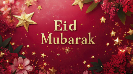 Fototapeta premium Eid Mubarak greeting with floral decorations and golden stars on red background