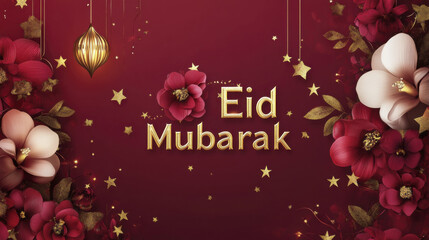 Naklejka premium Eid Mubarak greeting with floral decorations and golden accents, celebrating joy and togetherness
