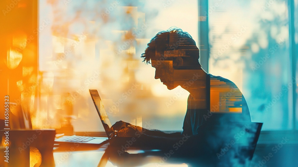 Poster man working from home with online activities in double exposure effect