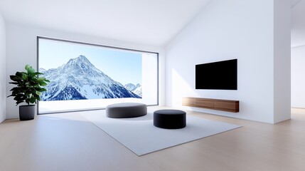 Modern living room with mountain view and minimalist decor.