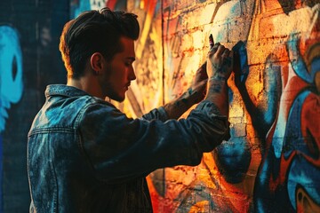 A young, stylish man adds vibrant colors to a graffiti wall, showcasing his artistic talent and...