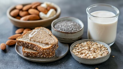 A breakfast spread featuring almond butter toast, chia pudding, and a glass of soy milk