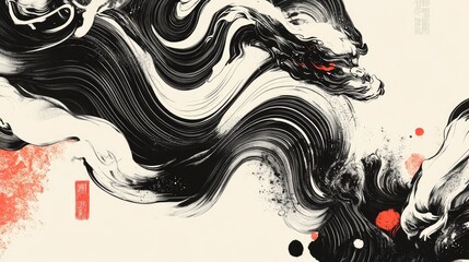 Elegant monochrome Chinese New Year art, featuring swirling black lines and soft white accents, symbolizing prosperity.