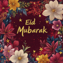 Obraz premium Eid Mubarak greeting surrounded by vibrant flowers and stars, celebrating joy