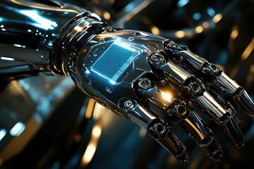 Close-up of a chrome robotic hand with a glowing digital display, showcasing advanced technology.