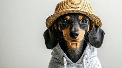 On a sleek white background, a dachshund poses coolly in a lightweight summer hoodie and straw hat. The studio's minimalist aesthetic puts all the focus on the dog&rsquo;s trendy summer outfit.
