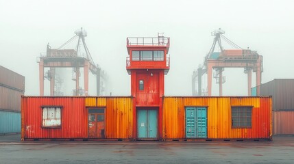 Foggy harbor control tower with colorful shipping containers.