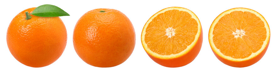 Orange fruit with leaves and half isolated, Orange fruit macro studio photo, transparent PNG, PNG...