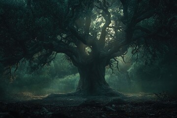 Obraz premium Ancient, gnarled tree stands in a mystical, fog-filled forest, sunlight piercing the canopy.