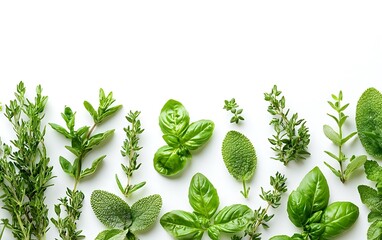 Fresh herbs, basil, thyme, oregano, sage, arranged on white background.