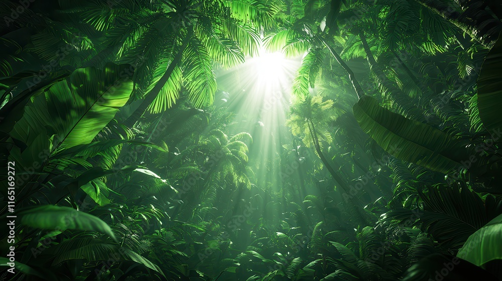 Poster A vibrant jungle scene illuminated by rays of sunlight filtering through dense foliage, creating a serene and enchanting atmosphere.