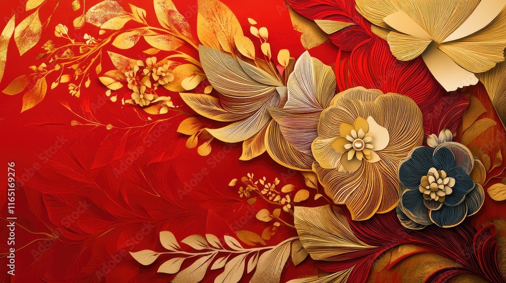 Fototapete Elegant paper-cutting abstract New Year art with intricate golden patterns set against a bold red background.