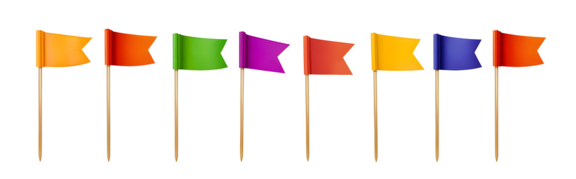 Color toothpick flags. Blank colorful flag on wooden stick, paper banner for food and cocktail decoration. Vector isolated set.